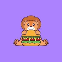 Cute lion eating burger. Animal cartoon concept isolated. Can used for t-shirt, greeting card, invitation card or mascot. Flat Cartoon Style vector