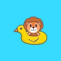 Cute lion With Duck buoy. Animal cartoon concept isolated. Can used for t-shirt, greeting card, invitation card or mascot. Flat Cartoon Style vector