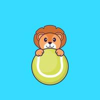 Cute lion playing tennis. Animal cartoon concept isolated. Can used for t-shirt, greeting card, invitation card or mascot. Flat Cartoon Style vector