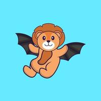 Cute lion is flying with wings. Animal cartoon concept isolated. Can used for t-shirt, greeting card, invitation card or mascot. Flat Cartoon Style vector
