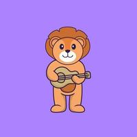 Cute lion playing guitar. Animal cartoon concept isolated. Can used for t-shirt, greeting card, invitation card or mascot. Flat Cartoon Style vector