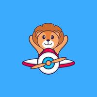 Cute lion flying on a plane. Animal cartoon concept isolated. Can used for t-shirt, greeting card, invitation card or mascot. Flat Cartoon Style vector