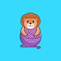 Cute lion playing with wool yarn. Animal cartoon concept isolated. Can used for t-shirt, greeting card, invitation card or mascot. Flat Cartoon Style vector