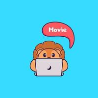 Cute lion is watching a movie. Animal cartoon concept isolated. Can used for t-shirt, greeting card, invitation card or mascot. Flat Cartoon Style vector