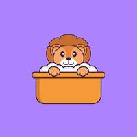 Cute lion taking a bath in the bathtub. Animal cartoon concept isolated. Can used for t-shirt, greeting card, invitation card or mascot. Flat Cartoon Style vector