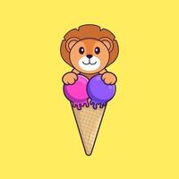 Cute lion with sweet ice cream. Animal cartoon concept isolated. Can used for t-shirt, greeting card, invitation card or mascot. Flat Cartoon Style vector