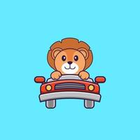 Cute lion is driving. Animal cartoon concept isolated. Can used for t-shirt, greeting card, invitation card or mascot. Flat Cartoon Style vector