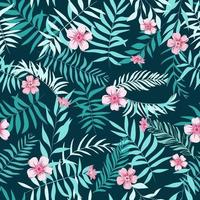 Seamless tropical leaves and pink flowers. Tropical background. Print for web, fabric and wrapping paper. vector