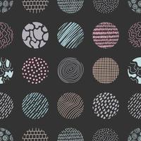 Abstract hand drawn pencil, brush doodle stripes shapes pastel color in circles seamless pattern on black background vector
