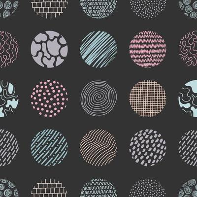 Abstract hand drawn pencil, brush doodle stripes shapes pastel color in circles seamless pattern on black background