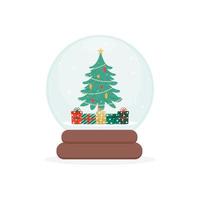 Snow Globe with Christmas Tree and Presents Inside Flat Vector Illustration.