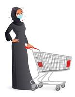 Muslim woman in mask with shopping cart vector illustration