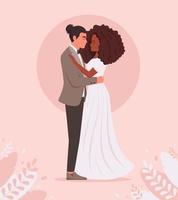 Basic Wedding couple. Man and black woman getting married, newlyweds. Wedding portrait. Multicultural family. vector