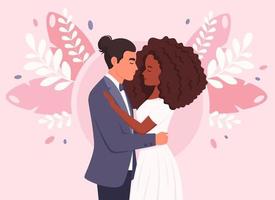 Basic Wedding couple. Man and black woman getting married, newlyweds. Wedding portrait. Multicultural family. vector