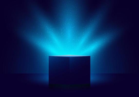 3D blue mystery box with Illuminated lighting glitter on dark background