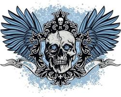 Gothic sign with skull and blue wings, grunge vintage design t shirts vector