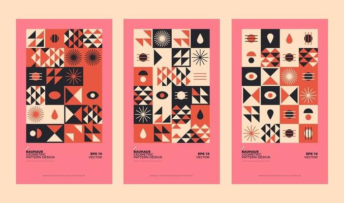 Set Of Abstract Bauhaus Geometric Background Illustration, Colorful Mural Geometric Shapes Flat Design