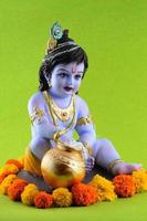 Hindu God Krishna on green background photo