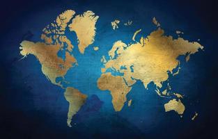 Fondo de mapa del mundo en azul marino y dorado. vector