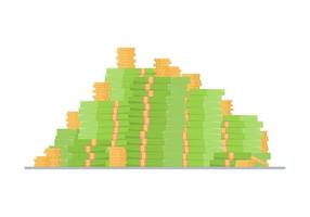 Big money concept. A lot of money. Hundreds of dollars. Bundles of money and coins. Vector illustration.