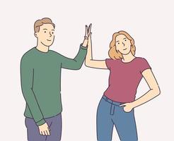 Friendship, partnership and success .Happy man and woman doing high five. Friends greeting or supporting each other. vector