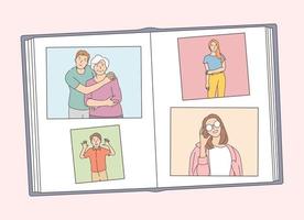 Family photography archive with family members. Photo album, attaching and arranging photographs and memory notes. Creation of book with pictures vector