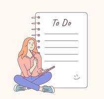 To do list and planning checklist. Young smiling woman or girl cartoon character is sitting near large to do list. vector