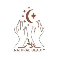 Mystic boho elegant female hands with moon, star, plant in line art. Vector magic symbol isolated on white background. Trendy minimalist signs for design of cosmetics, jewelry, beauty