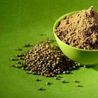 Coriander seeds and Powdered coriander in green container on green background photo