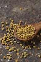 Fenugreek seeds in wooden spoon on textured background photo