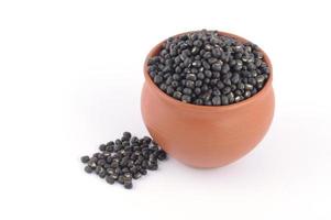 Urad dal, black gram, Vigna mungo in clay pot on white background photo