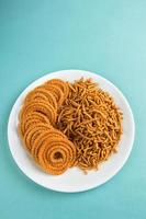 Indian Snack  Besan Gram flour Sev and chakli, chakali or Murukku. photo