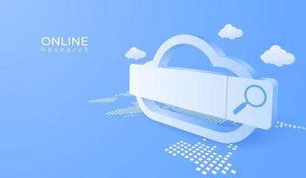 3D digital cloud computing technology background. Online searching service with magnifier. vector art illustration