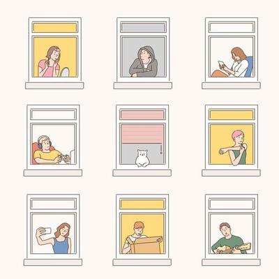 Neighbors seen through the window of the apartment. hand drawn style vector design illustrations.