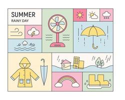 Summer and rainy season icons and objects are arranged in a quilted layout. outline simple vector illustration.