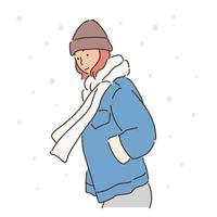 una mujer con un gorro de invierno y una bufanda está golpeando la nieve. ilustraciones de diseño de vectores de estilo dibujado a mano.