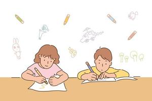 Cute boy and girl are sitting at the desk and studying. hand drawn style vector design illustrations.