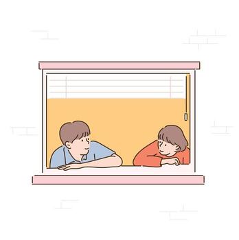 A couple is leaning against the window and looking at each other. hand drawn style vector design illustrations.
