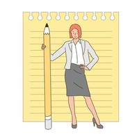 una mujer está de pie con un lápiz grande. ilustraciones de diseño de vectores de estilo dibujado a mano.