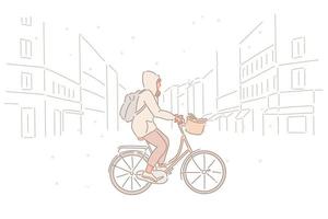 una mujer anda en bicicleta por la calle en un día de nieve. ilustraciones de diseño de vectores de estilo dibujado a mano.