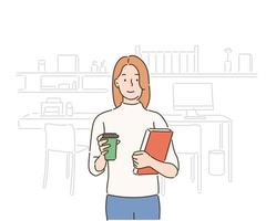 A woman is standing with a book in one hand and coffee in the other. hand drawn style vector design illustrations.