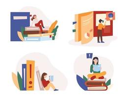 People are reading huge books piled up. flat design style minimal vector illustration.