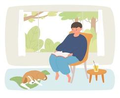 Outside the window is a garden view and a boy is reading a book. A dog is sleeping under his feet. vector