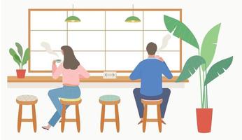 Back view of a customer sitting in a cafe. vector