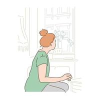 una mujer está mirando por la ventana. ilustraciones de diseño de vectores de estilo dibujado a mano.