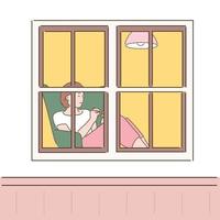 una mujer mirando por la ventana está sentada en un sofá y descansando. ilustraciones de diseño de vectores de estilo dibujado a mano.