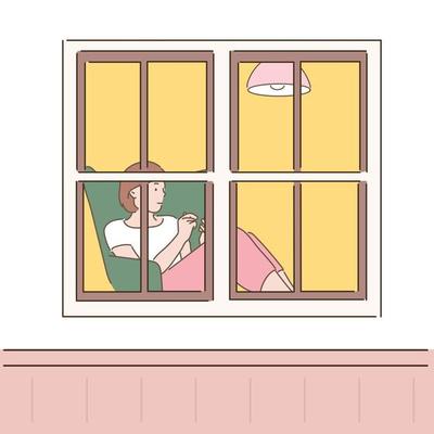 A woman looking through the window is sitting on a sofa and resting. hand drawn style vector design illustrations.