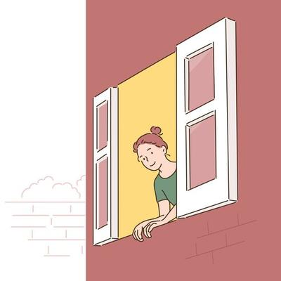 A woman is opening the window and looking out. hand drawn style vector design illustrations.