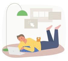 A man is lying on a cushion and looking at a laptop, with a cat behind him. vector