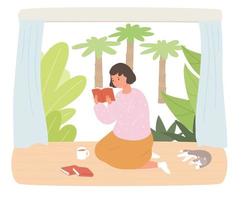 una niña leyendo tranquilamente un libro en el piso de una casa con jardín. un gato duerme a su lado. vector